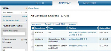 I was lead UX/UI designer for a new EHS compliance management application <a href='http://www.bna.com/complyachieve-p17179874856/' target='_blank'>ComplyAchieve</a><sup>TM</sup>  [Select: <a href='http://www.bna.com/tours/cach/' target='_blank'>TAKE A PRODUCT TOUR</a>] that provides clients with a variety of methods to build a list of regulatory citations relevant to company operations, and notifies them about updates.<br><br>
								I worked with subject matter experts and project team to clarify requirements and identify UX problems. Based on workflow diagrams and wireframes, I created interface mockups, page prototypes and graphical user interface.<br><br>
								At the application demo a BBNA executive said: "That is the best presentation of multiple data streams that I've seen at our company." The product has been adopted by several companies, including Walmart and FedEx.