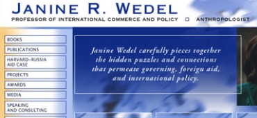 Janine Wedel is a prominent author and professor of International commerce and Policy at George Mason University. In close collaboration with Janine, I have designed and developed her website <a href='http://www.janinewedel.info/' target='_blank'>JanineWedel.info</a> with over 100 pages. The site showcases her books, articles and other projects, provides information about her media appearances, speaking engagements, and teaching.<br><br>
								I have conceptualized the information architecture of the site, designed its navigation, and build, maintain and update it. In the process of developing the site, I conducted extensive research among publications and photo archives, digitized, edited and formatted collected texts and images.
